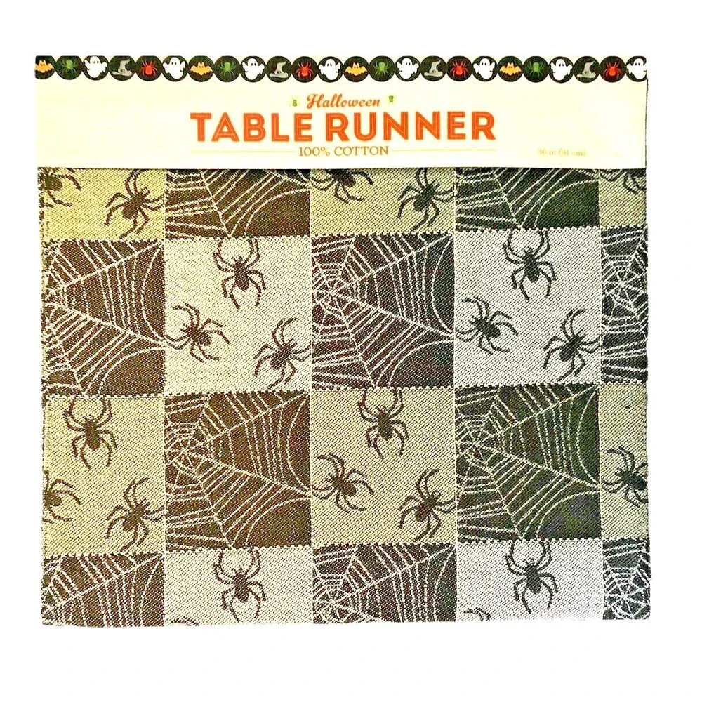Nantucket Halloween Table Runner Black Gray Spider Webs Spooky Scary 14x36